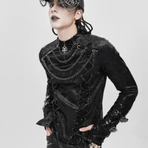 Devil fashion 绒面乱纹针织朋克长袖T恤哥特链条绑带【TT301】