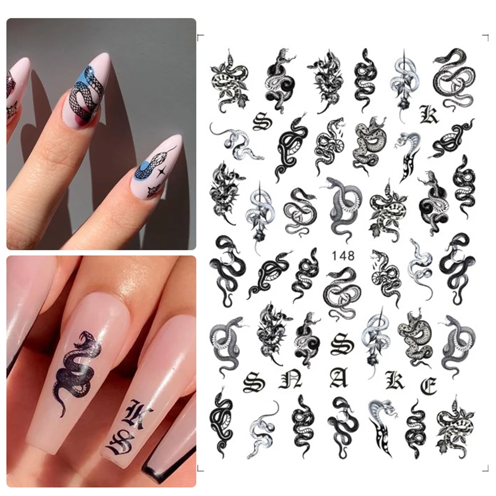 New Black Gothic Style Dragon Snake Nail Stickers 3D Cool Skeleton Flowers Print Design Adhesive Sliders Manicure Nail Decals - Image 3
