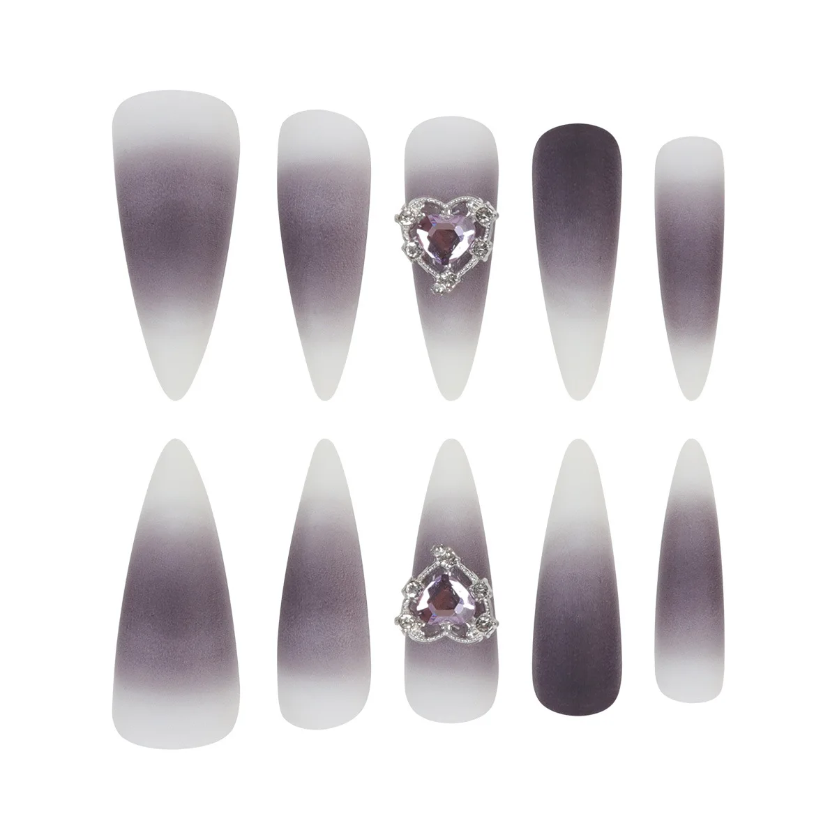 24pcs Sweet Cool Gothic Style False Nails Gradient Smudging Black Long Stiletto Fake Nail With Metal Love Heart Press On Nails - Image 4