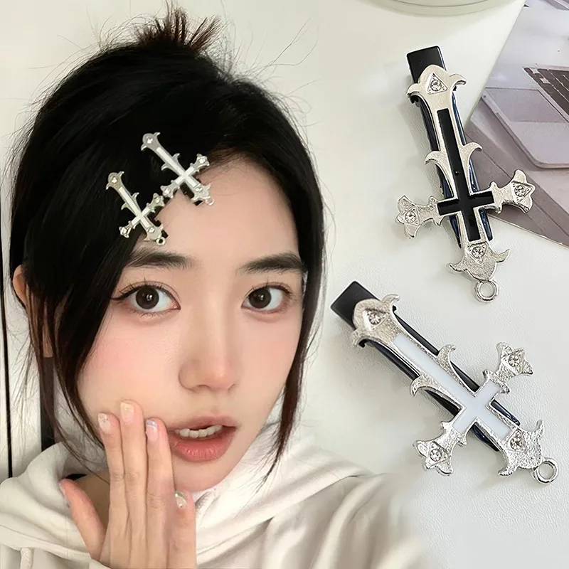 Vintage Rhinestone Cross Hair Clip Gothic Metal Duckbill Hairpin Women Girls Bangs Non-slip Barrettes Headwear Halloween Gift