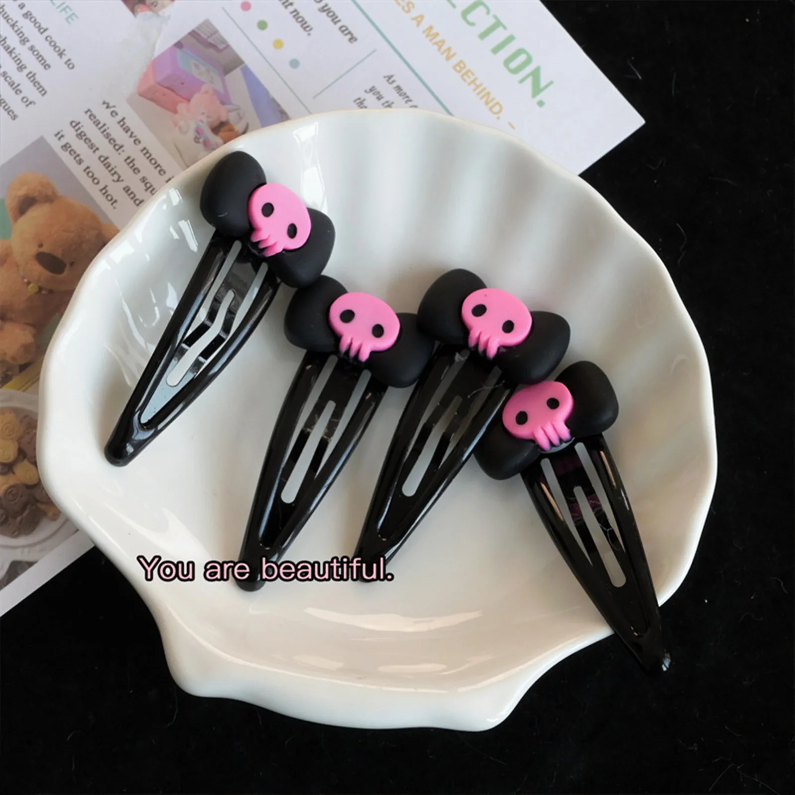 1/2/5/10Pcs Gothic Pink Skull Hair Clip - Black Bowknot BB Clip, Punk Hair Accessories for Women Girls Happy Halloween Party - Image 2