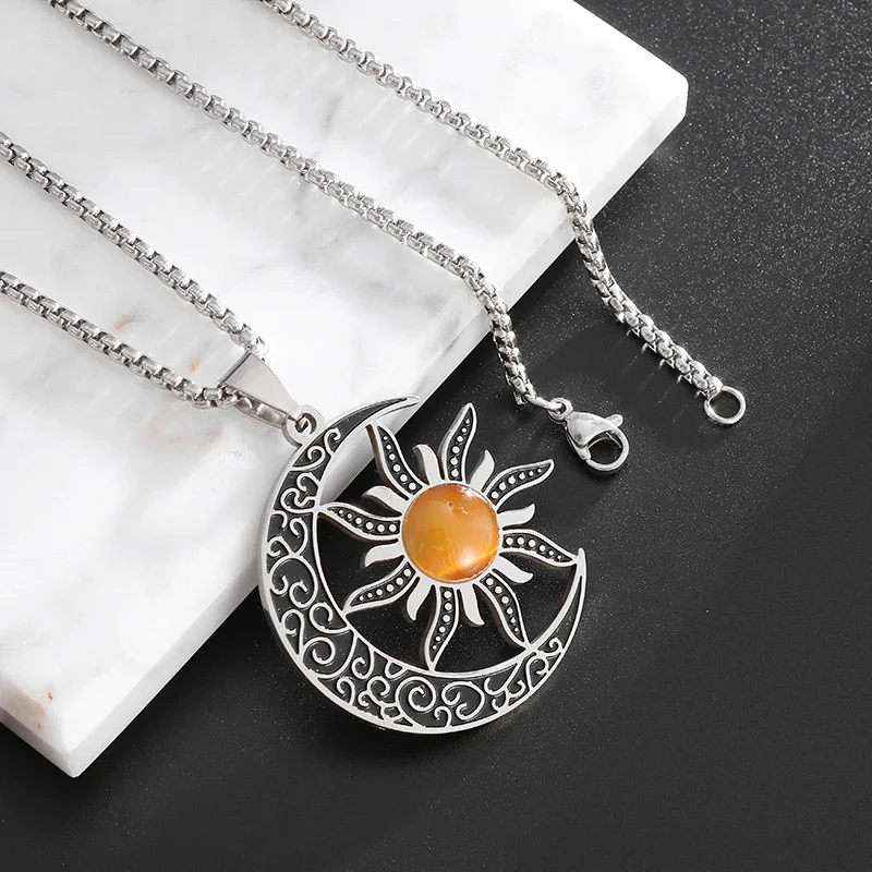Witch Moon Sun Pendant Stainless Steel Stone Mystical Luna Crescent Witchcraft Necklace Men Women Fashion Jewelry - Image 3