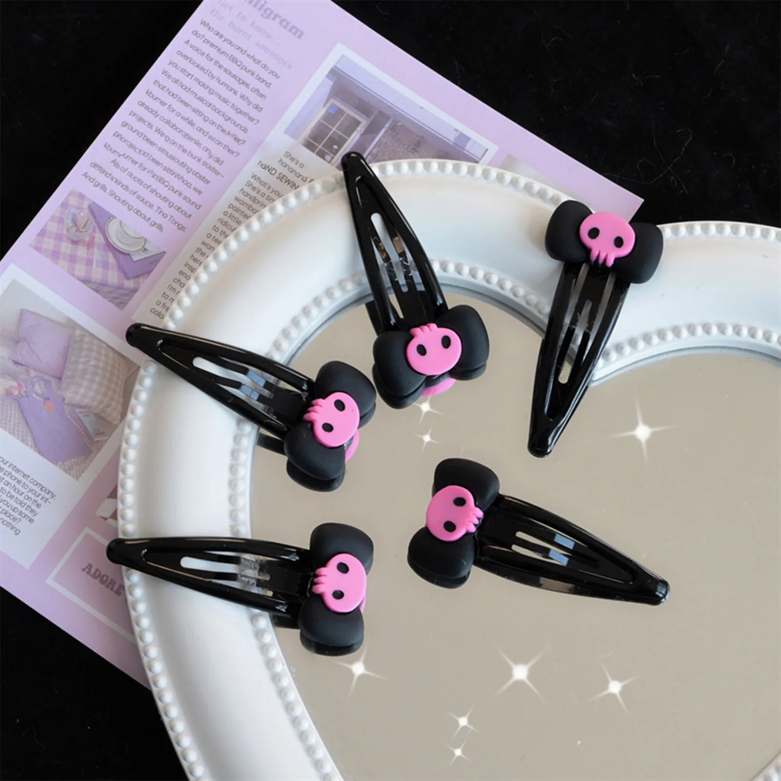 1/2/5/10Pcs Gothic Pink Skull Hair Clip - Black Bowknot BB Clip, Punk Hair Accessories for Women Girls Happy Halloween Party - Image 4