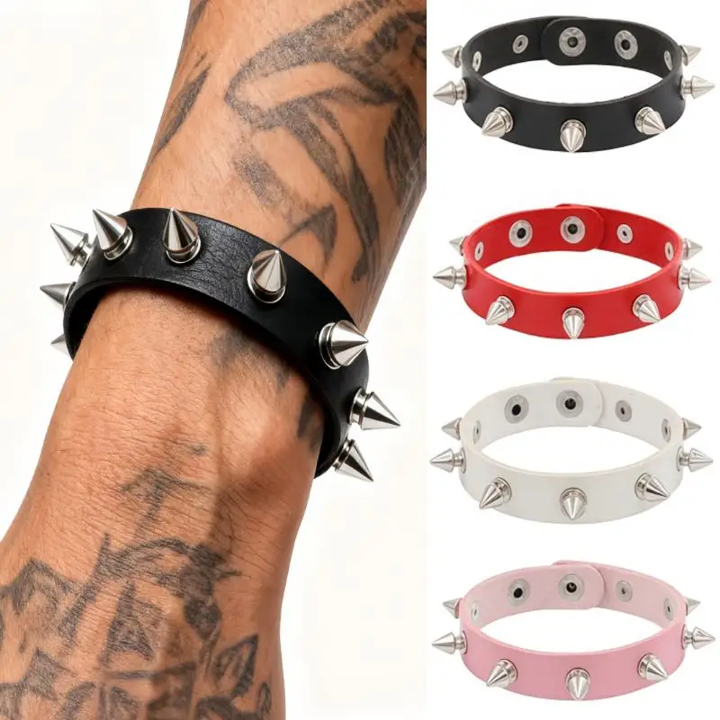 Punk Spike Stud Bracelet Adjustable Snap Faux Leather Multi Colors for Festival Rave Cosplay Daily Use 1Pcs