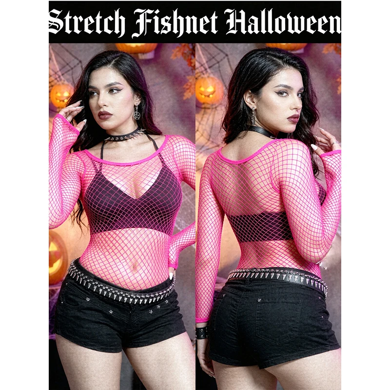 1 pc Sexy Fishnet Long Sleeve See Through Top Women Halloween Beach Cover Up Swimwear Y2K (No Bikini) - Image 2