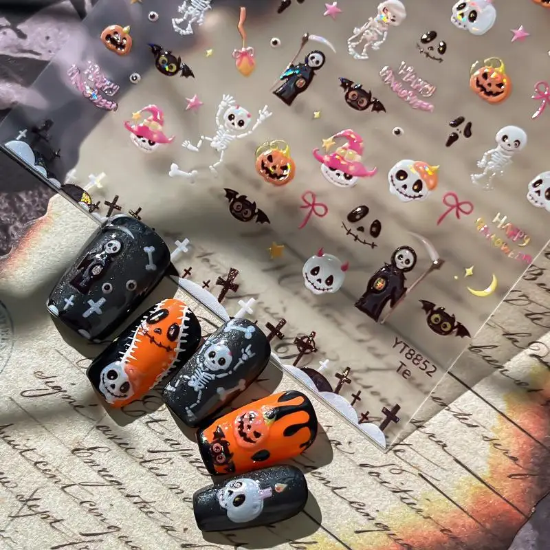 Halloween Gothic Ghost Nail Sticker Iridescent Ghost Witch Pumpkin 5D Embossed - Image 4