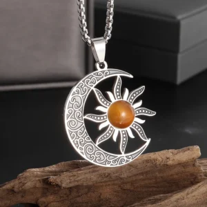 Witch Moon Sun Pendant Stainless Steel Stone Mystical Luna Crescent Witchcraft Necklace Men Women Fashion Jewelry