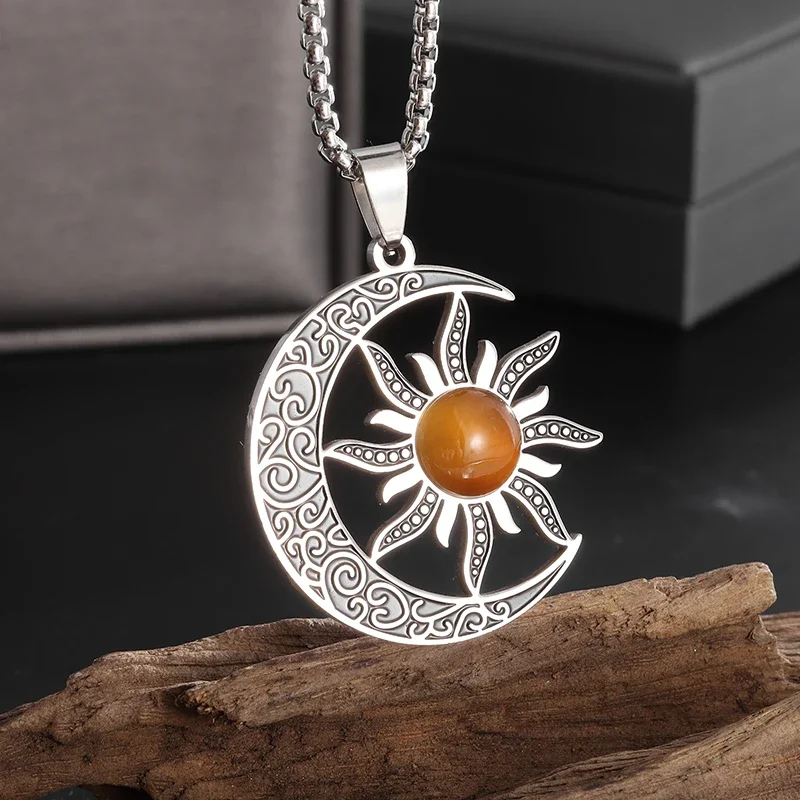 Witch Moon Sun Pendant Stainless Steel Stone Mystical Luna Crescent Witchcraft Necklace Men Women Fashion Jewelry