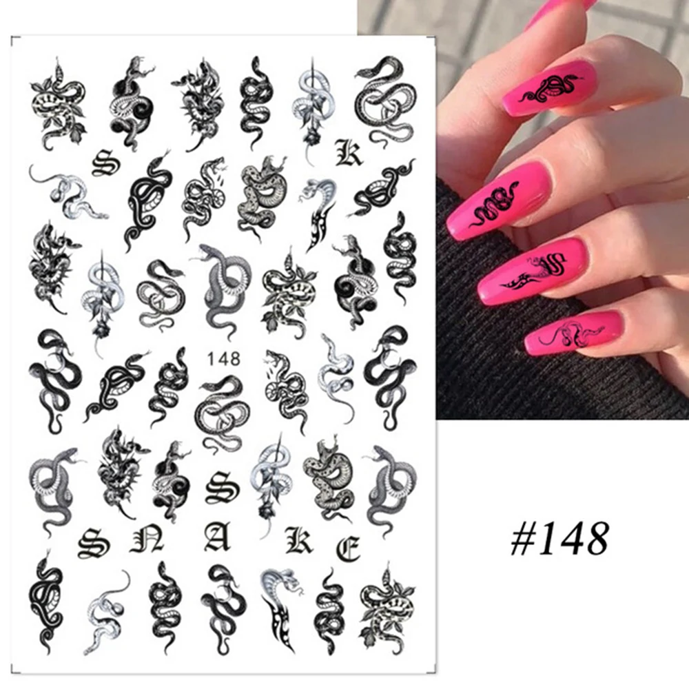 New Black Gothic Style Dragon Snake Nail Stickers 3D Cool Skeleton Flowers Print Design Adhesive Sliders Manicure Nail Decals - Image 5