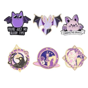 Fantasy Occult Divination Cat Crow Bat Enamel Pin Mystical Magic Purple Geometric Crystal Brooch Punk Gothic Badge Jewelry Gifts