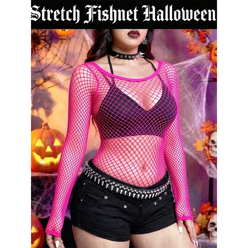 1 pc Sexy Fishnet Long Sleeve See Through Top Women Halloween Beach Cover Up Swimwear Y2K (No Bikini)