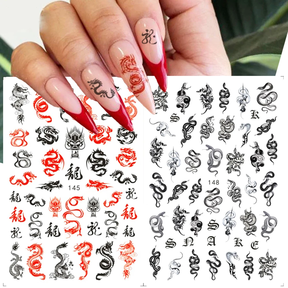 New Black Gothic Style Dragon Snake Nail Stickers 3D Cool Skeleton Flowers Print Design Adhesive Sliders Manicure Nail Decals - Image 2