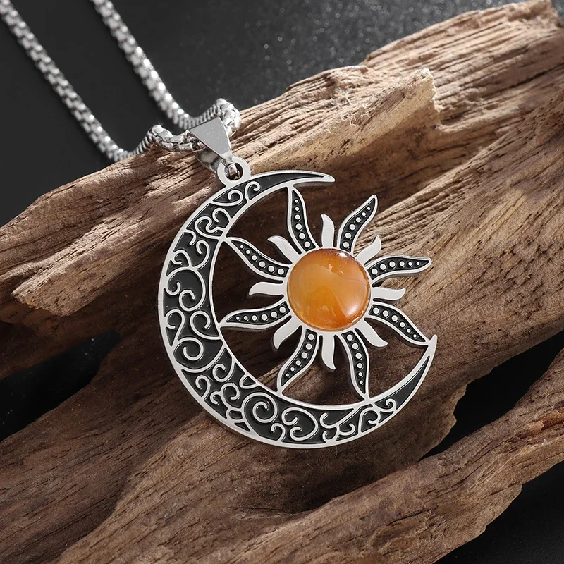 Witch Moon Sun Pendant Stainless Steel Stone Mystical Luna Crescent Witchcraft Necklace Men Women Fashion Jewelry - Image 4