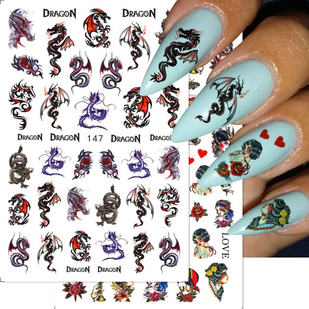 New Black Gothic Style Dragon Snake Nail Stickers 3D Cool Skeleton Flowers Print Design Adhesive Sliders Manicure Nail Decals - Image 4