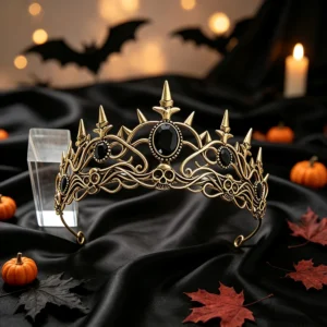 Halloween Gothic Skull Spiked Tiara Antique Bronze Crown Women Evil Queen Vampire Cosplay Headwear Dark Theme Party Hair Jewelry