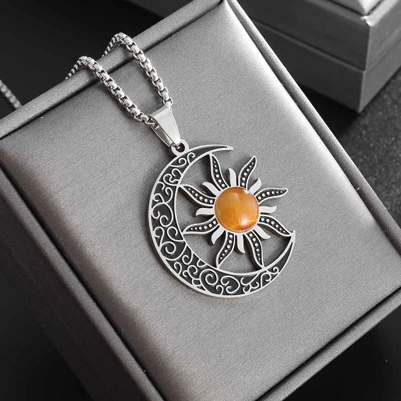 Witch Moon Sun Pendant Stainless Steel Stone Mystical Luna Crescent Witchcraft Necklace Men Women Fashion Jewelry - Image 5