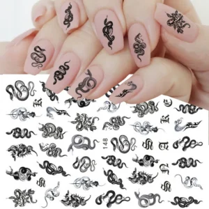 New Black Gothic Style Dragon Snake Nail Stickers 3D Cool Skeleton Flowers Print Design Adhesive Sliders Manicure Nail Decals
