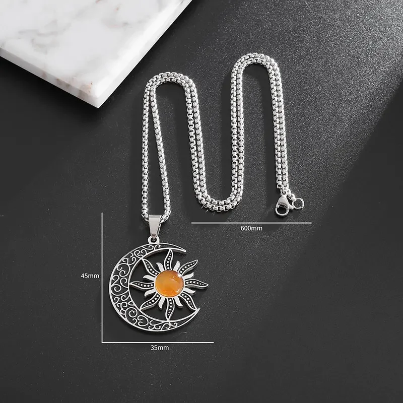 Witch Moon Sun Pendant Stainless Steel Stone Mystical Luna Crescent Witchcraft Necklace Men Women Fashion Jewelry - Image 2
